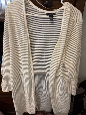 Alfani Cream Striped Open-Front Cardigan